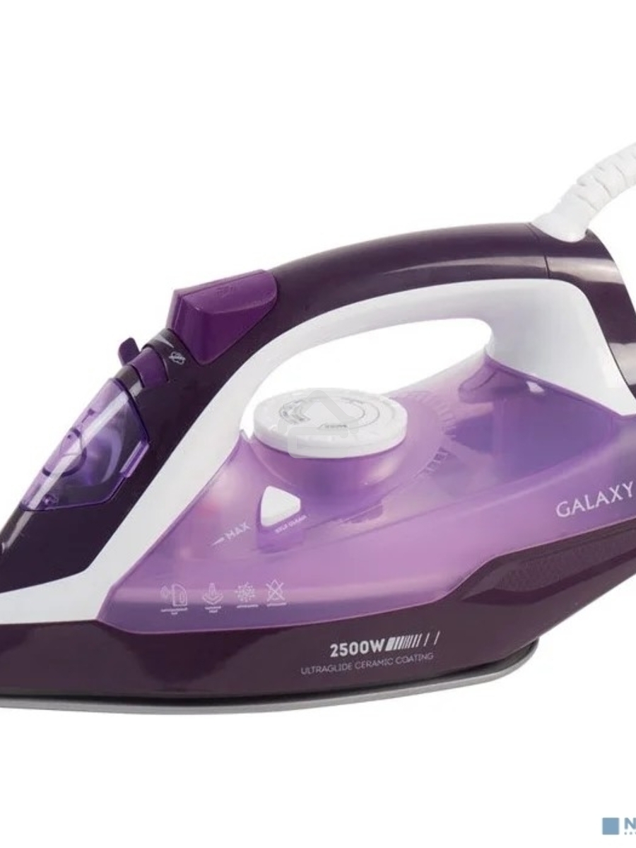 Утюг Galaxy Line GL 6124, фиолетовый с белым, паровой, 2500 Вт, постоянный пар 50 г/мин, паровой удар 230 г/мин, функции: самоочистка, антикапля, антинакипь, функция увлажнения, вертикальное отпаривание, защита от перегрева, индикатор нагрева, керамическо