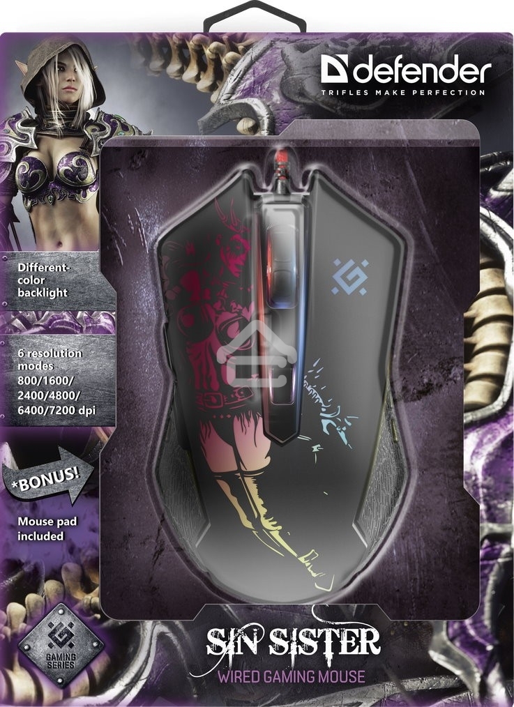 Мышь проводная Defender Sin'Sister GM-933 черный, 7200 dpi, USB, кнопки - 6