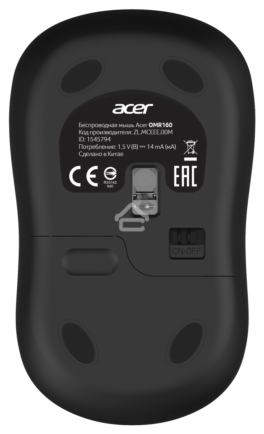 Мышь беспроводная Acer OMR160 черный, 1200 dpi, радиоканал, USB, кнопки - 3
