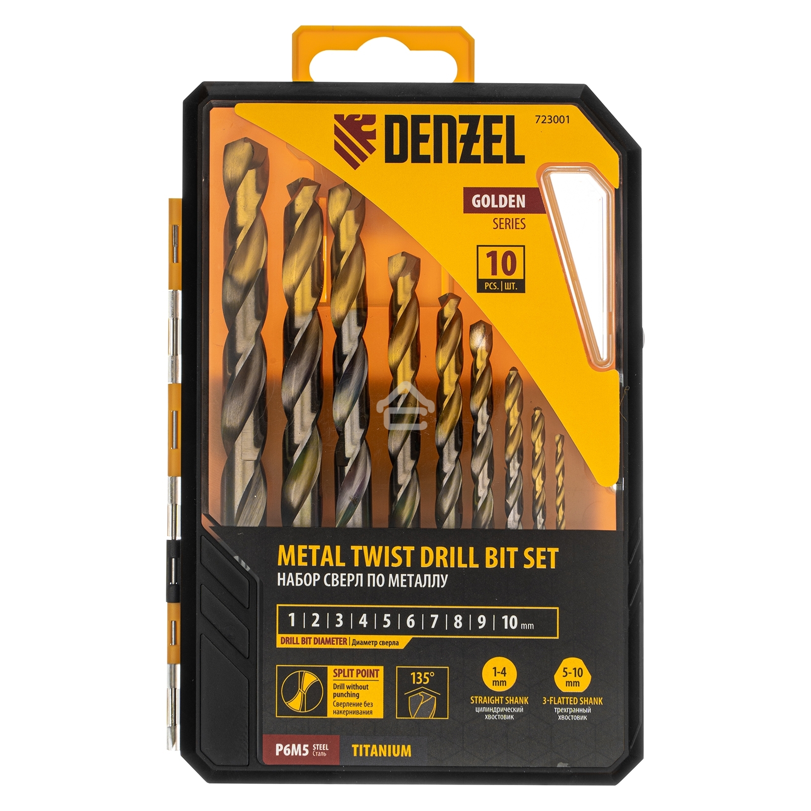 Набор сверл по металлу Denzel 1-10 мм, Р6М5-TiN, Golden Tip, 10 шт 723001