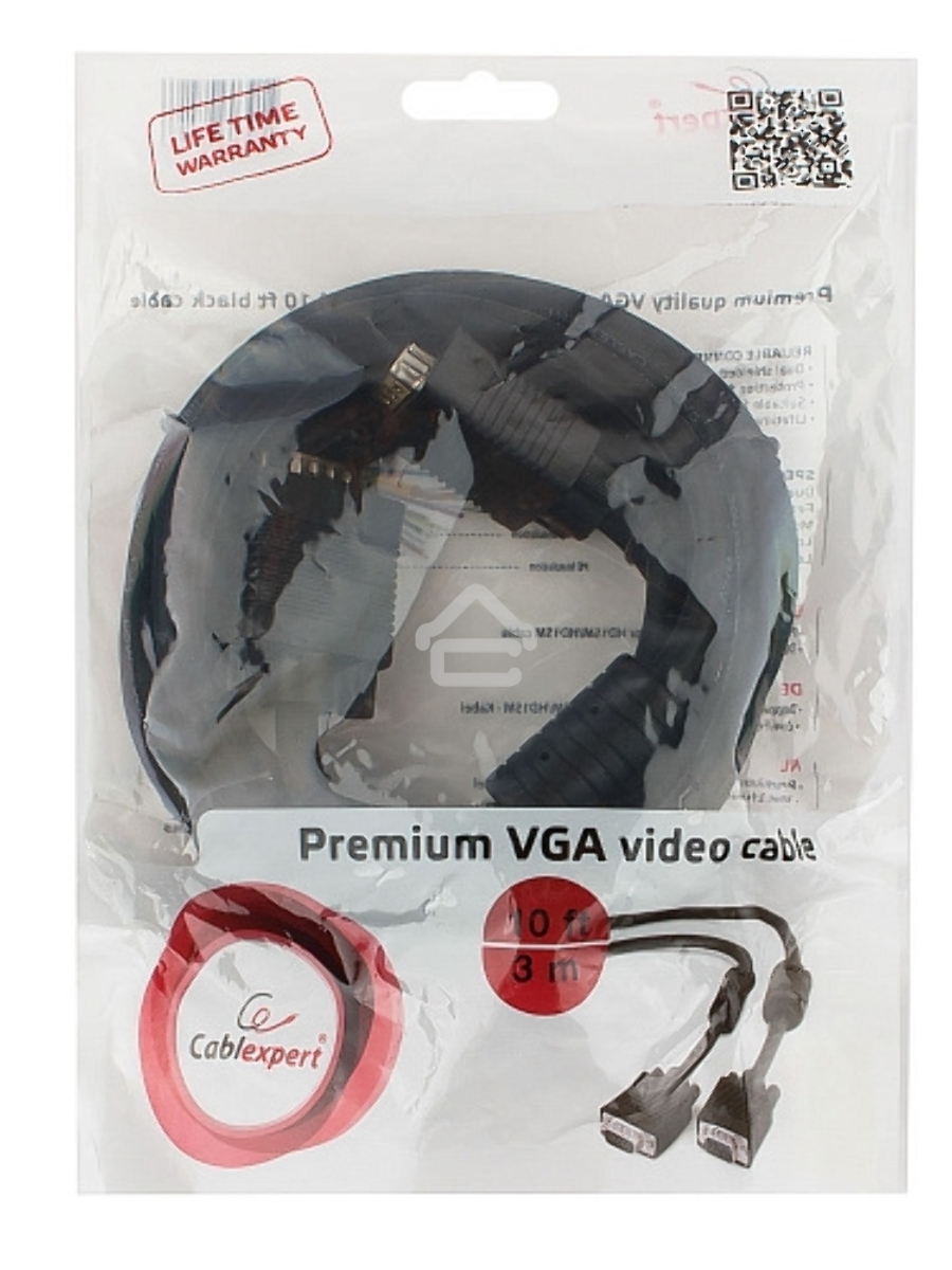 Кабель VGA Premium Cablexpert CC-PPVGA-10-B, 15M/15M, 3.0м, черный, тройной экран, феррит.кольца, пакет