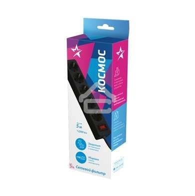 Удлинитель с сетевым фильтром 5х5м с заземл. 10А IP20 2.2кВт 3х0.75 индикатор сети черный Космос FKsm5m-5g(B)