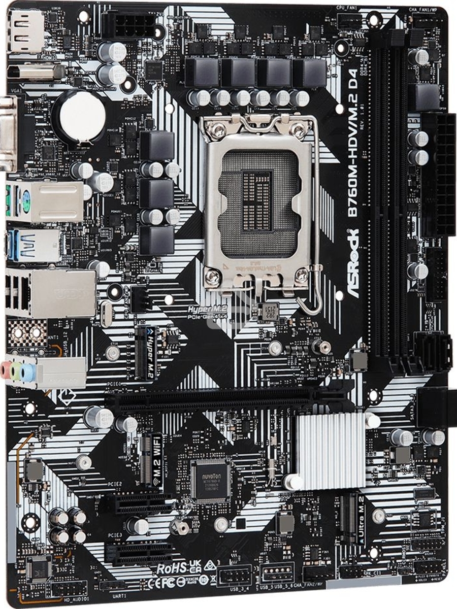 Материнская плата ASRock B760M-HDV/M.2 D4, LGA 1700, Intel B760, 2xDDR4, 4xSATA, 2xM.2, 1xPCIe 4.0 x16, 2xPCIe x1, 1xDP, 1xHDMI, 1xVGA, 1x 1Gb LAN, 2xUSB-A 3.2 Gen 1, 3xUSB 2.0, 3x3.5 мм, 7.1, mATX