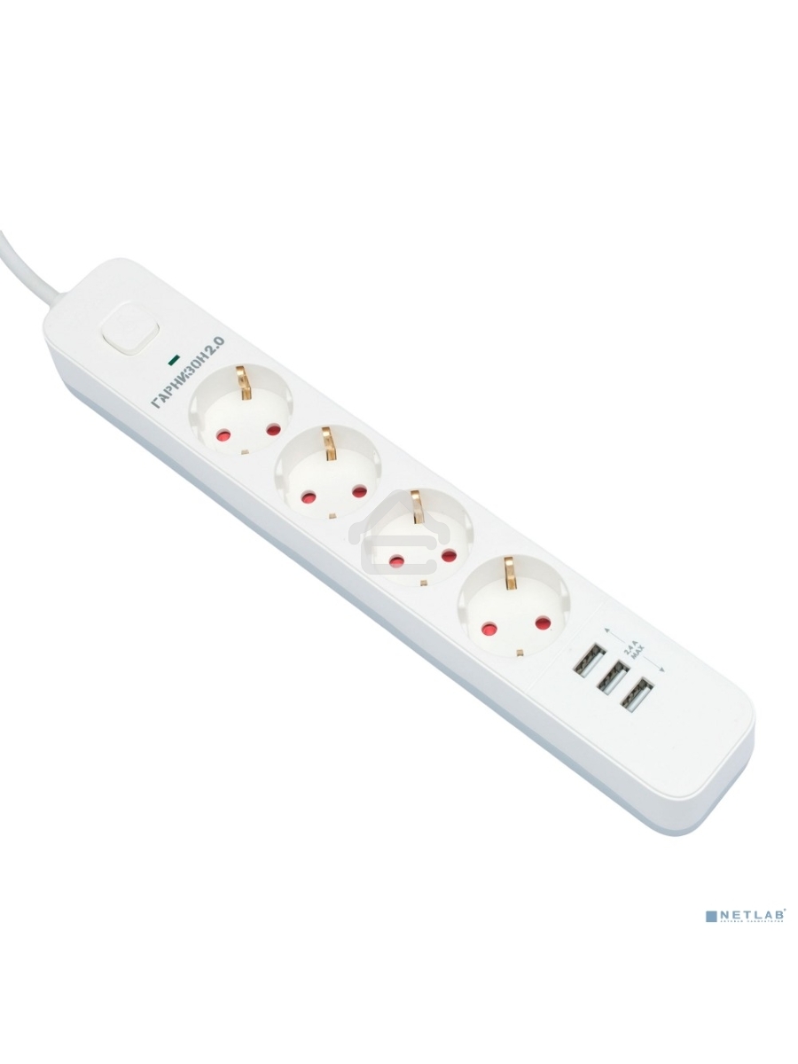 Сетевой фильтр Гарнизон 2.0 Мультипорт EPS-4-U3-W-2, 4 р, 10А, 3xUSB, 2м, ур.защиты 2+, белый, пакет