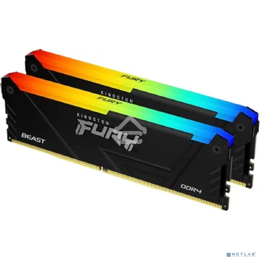 Оперативная память Kingston Fury Beast, DDR4, 32GB (2x16GB), 3200MHz, CL16, DIMM, с радиатором, RGB, черный