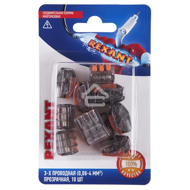 Соединительная клемма многоразовая, 3-х проводная, прозрачная (0,08-4 мм²), (10шт.) Rexant