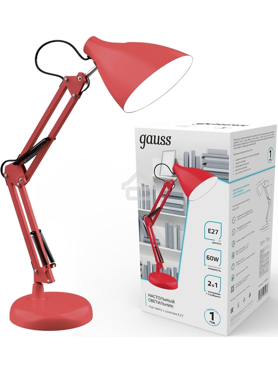 Светильник Gauss GT0034 настольный на струбцине/основание E27 красный 60Вт