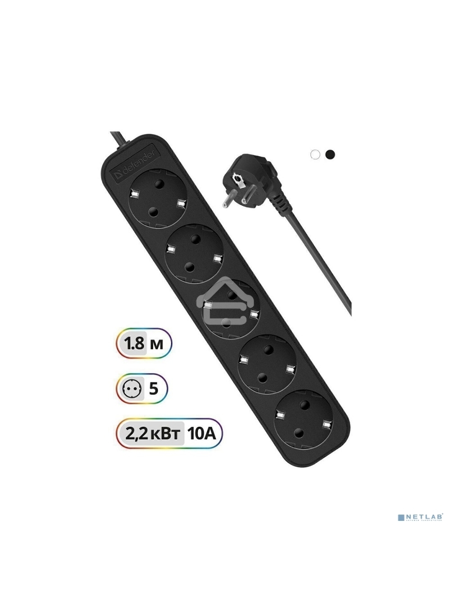 Удлинитель Defender с заземлением M518 1.8 м, 5 розеток, черный