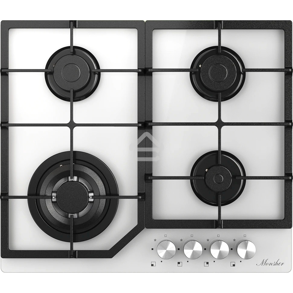 Варочная панель MONSHER MGG 63 Blanc, газ, High-Tech, 59 см, автоматический электроподжиг, газ-контроль, форсунки под сжиженый газ, SABAF конфорки, чугунные решетки, белый