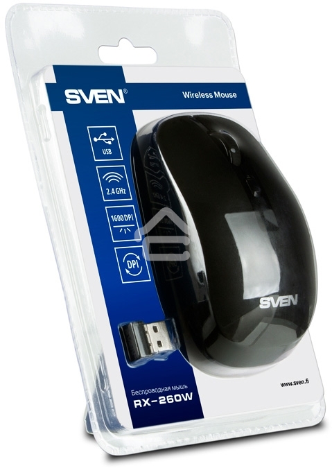 Мышь беспроводная SVEN RX-260W черный, 1600 dpi, радиоканал, USB, кнопки - 4