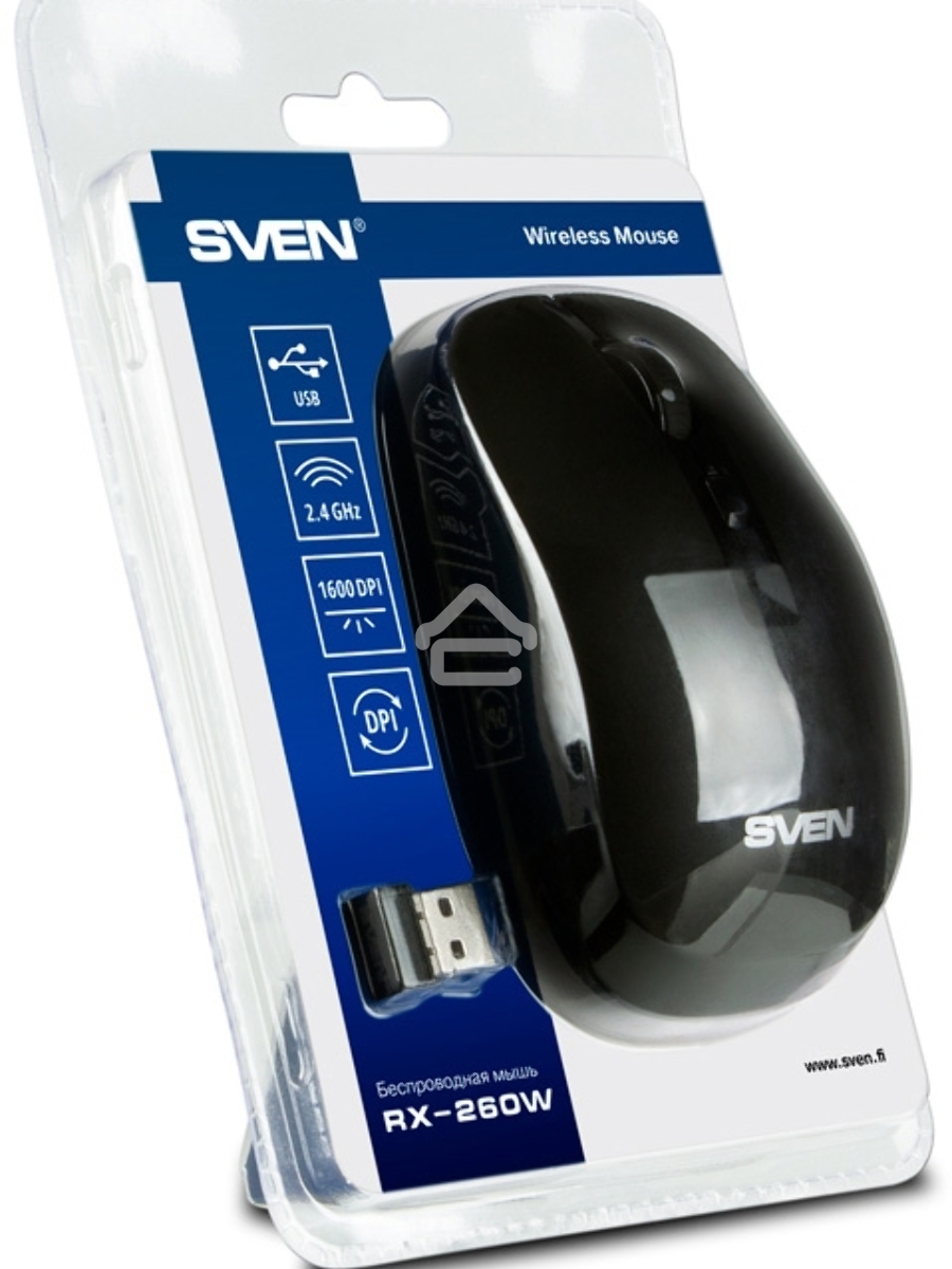 Мышь беспроводная SVEN RX-260W черный, 1600 dpi, радиоканал, USB, кнопки - 4
