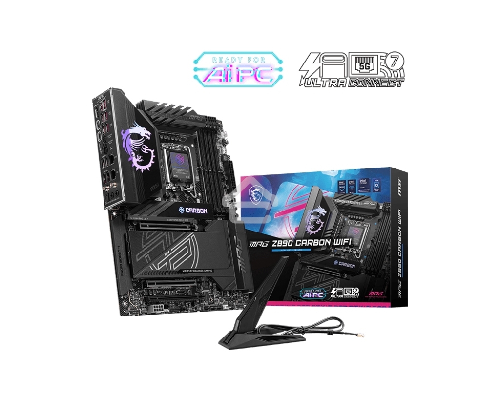 Материнская плата MSI MPG Z890 CARBON WIFI, LGA 1851, Intel Z890, 4xDDR5, 4xSATA, 5xM.2, 1xPCI-E 5.0 x16, 1xPCI-E 5.0 x8, 1xPCI-E 4.0 x4, 1xHDMI, 2xUSB-C Thunderbolt 4, 1xUSB-C 3.2 Gen 2, 10xUSB-A 3.2 Gen 2, 2x 5Gb LAN, 2x3.5 мм, 7.1, ATX