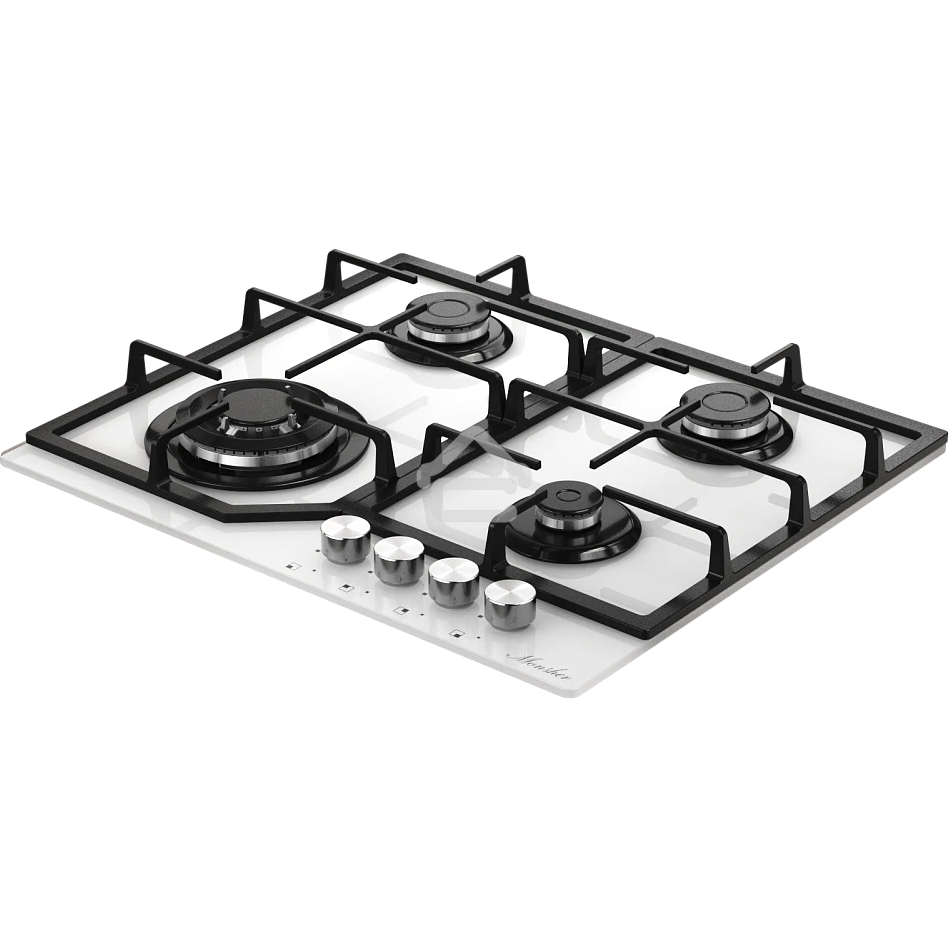 Варочная панель MONSHER MGG 63 Blanc, газ, High-Tech, 59 см, автоматический электроподжиг, газ-контроль, форсунки под сжиженый газ, SABAF конфорки, чугунные решетки, белый