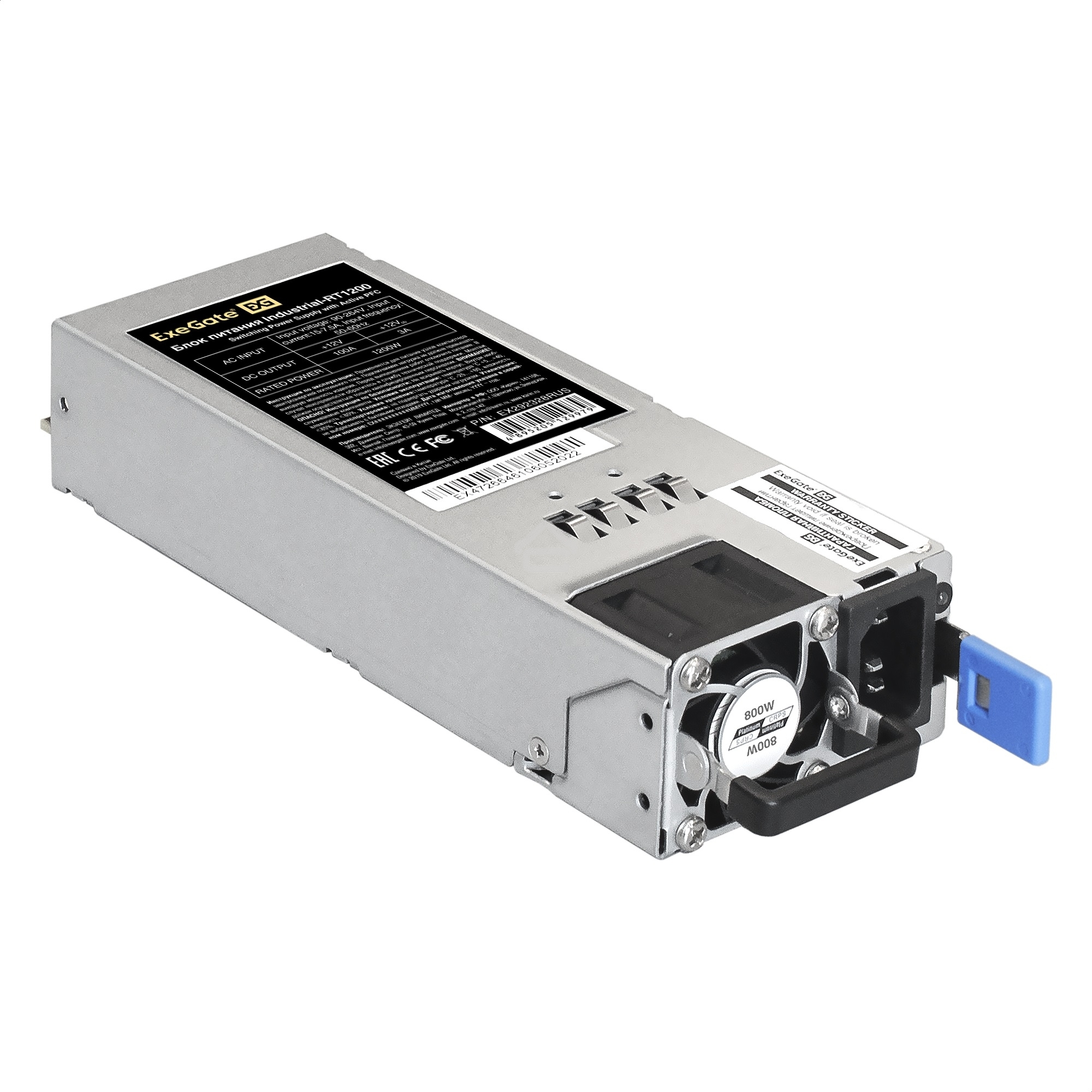 Блок питания серверный 2U Redundant 2x800W ExeGate EX292322RUS Industrial-RTS800 (APFC, КПД 94% (80 PLUS Platinum), 4 см fan, 24pin, 2x(4+4)pin, 2PCIe, 2SATA, 6IDE, Cable Management)