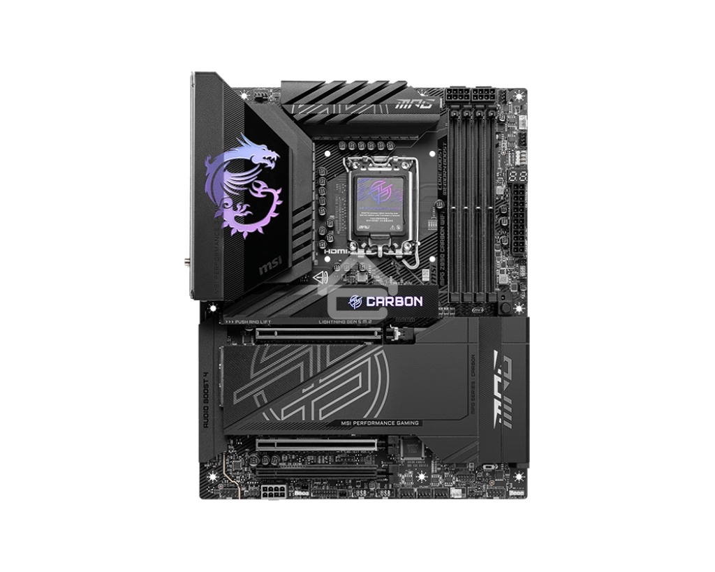 Материнская плата MSI MPG Z890 CARBON WIFI, LGA 1851, Intel Z890, 4xDDR5, 4xSATA, 5xM.2, 1xPCI-E 5.0 x16, 1xPCI-E 5.0 x8, 1xPCI-E 4.0 x4, 1xHDMI, 2xUSB-C Thunderbolt 4, 1xUSB-C 3.2 Gen 2, 10xUSB-A 3.2 Gen 2, 2x 5Gb LAN, 2x3.5 мм, 7.1, ATX