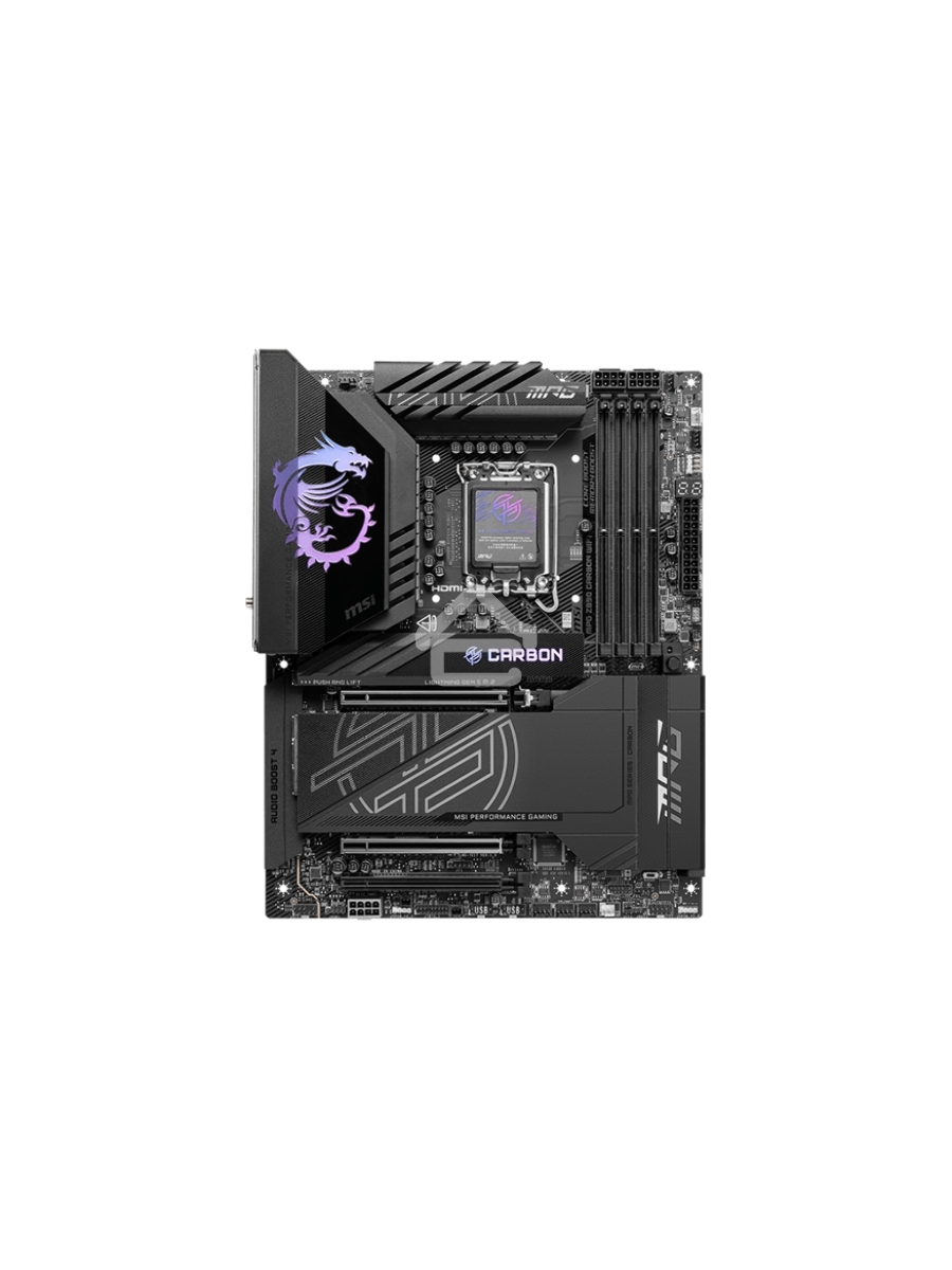Материнская плата MSI MPG Z890 CARBON WIFI, LGA 1851, Intel Z890, 4xDDR5, 4xSATA, 5xM.2, 1xPCI-E 5.0 x16, 1xPCI-E 5.0 x8, 1xPCI-E 4.0 x4, 1xHDMI, 2xUSB-C Thunderbolt 4, 1xUSB-C 3.2 Gen 2, 10xUSB-A 3.2 Gen 2, 2x 5Gb LAN, 2x3.5 мм, 7.1, ATX