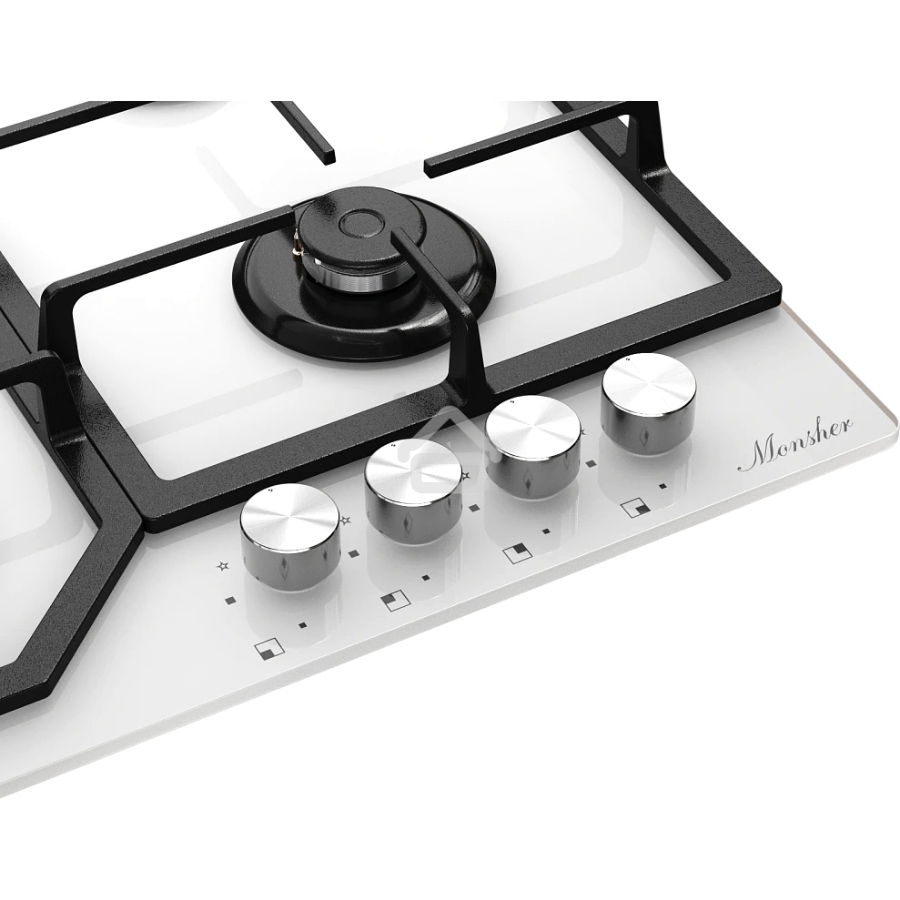 Варочная панель MONSHER MGG 63 Blanc, газ, High-Tech, 59 см, автоматический электроподжиг, газ-контроль, форсунки под сжиженый газ, SABAF конфорки, чугунные решетки, белый