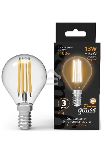 Лампа филам. Gauss Filament 13Вт цок.:E14 шар св.свеч.бел.теп. (упак.:10шт) (105801113)