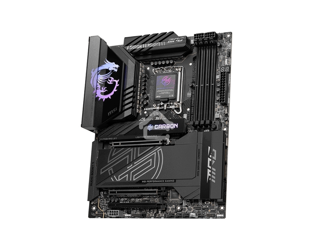 Материнская плата MSI MPG Z890 CARBON WIFI, LGA 1851, Intel Z890, 4xDDR5, 4xSATA, 5xM.2, 1xPCI-E 5.0 x16, 1xPCI-E 5.0 x8, 1xPCI-E 4.0 x4, 1xHDMI, 2xUSB-C Thunderbolt 4, 1xUSB-C 3.2 Gen 2, 10xUSB-A 3.2 Gen 2, 2x 5Gb LAN, 2x3.5 мм, 7.1, ATX