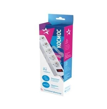 Удлинитель с сетевым фильтром 5х3м с заземл. 10А IP20 2.2кВт 3х0.75 индикатор сети бел. Космос FKsm3m-5g(W)