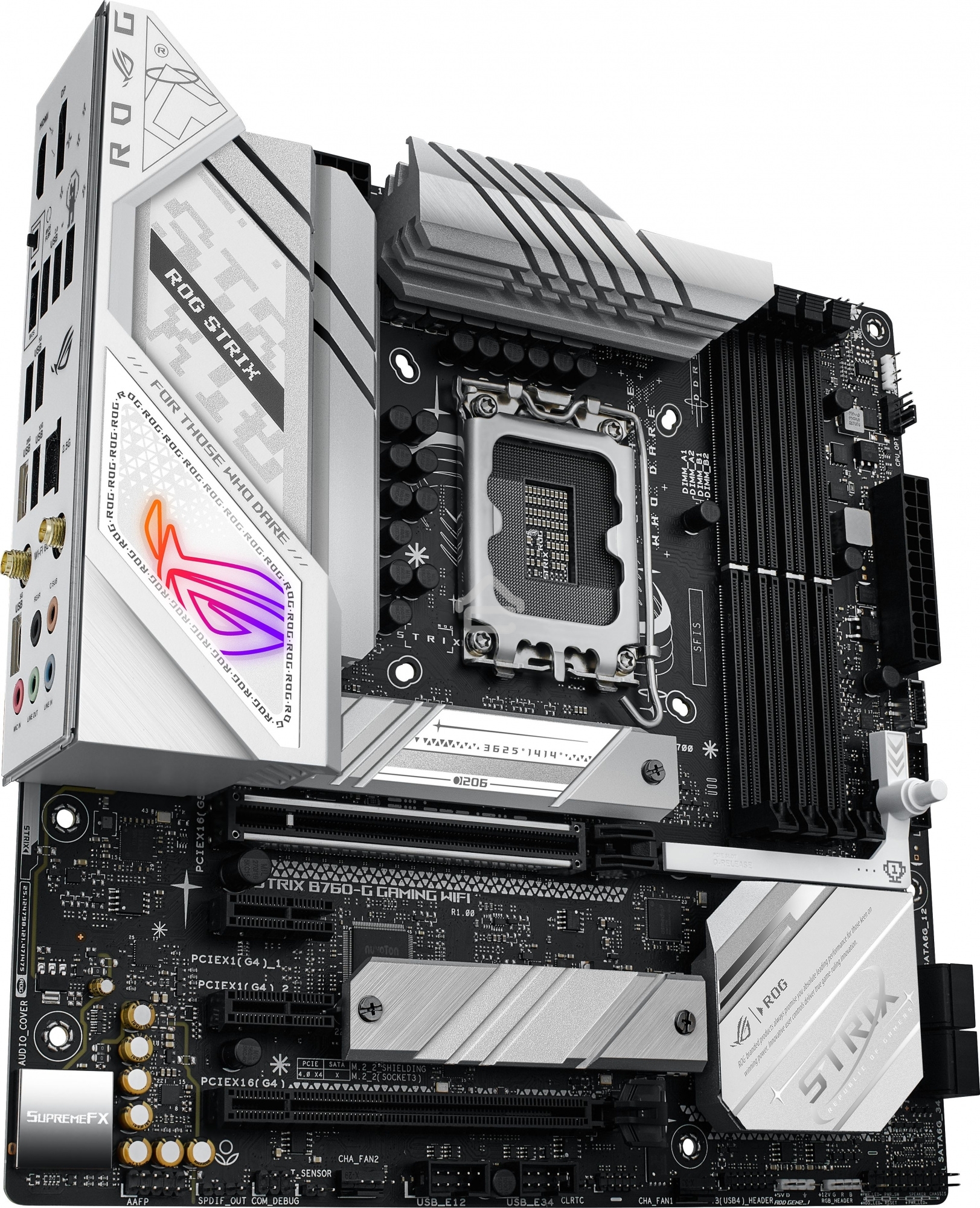 Материнская плата ASUS ROG STRIX B760-G GAMING WIFI, LGA 1700, Intel B760, 4xDDR5, 4xSATA, 2xM.2, 1xPCIe 5.0 x16, 1xPCIe 4.0 x4, 1xHDMI, 1xDP, 1x 2.5Gb LAN, 1xUSB-A 3.2 Gen 2, 2xUSB-A 3.2 Gen 1, 4xUSB-A 2.0, 1xUSB-C 3.2 Gen 1, 1xUSB-C 3.2 Gen 2x2, 5x3.5 м