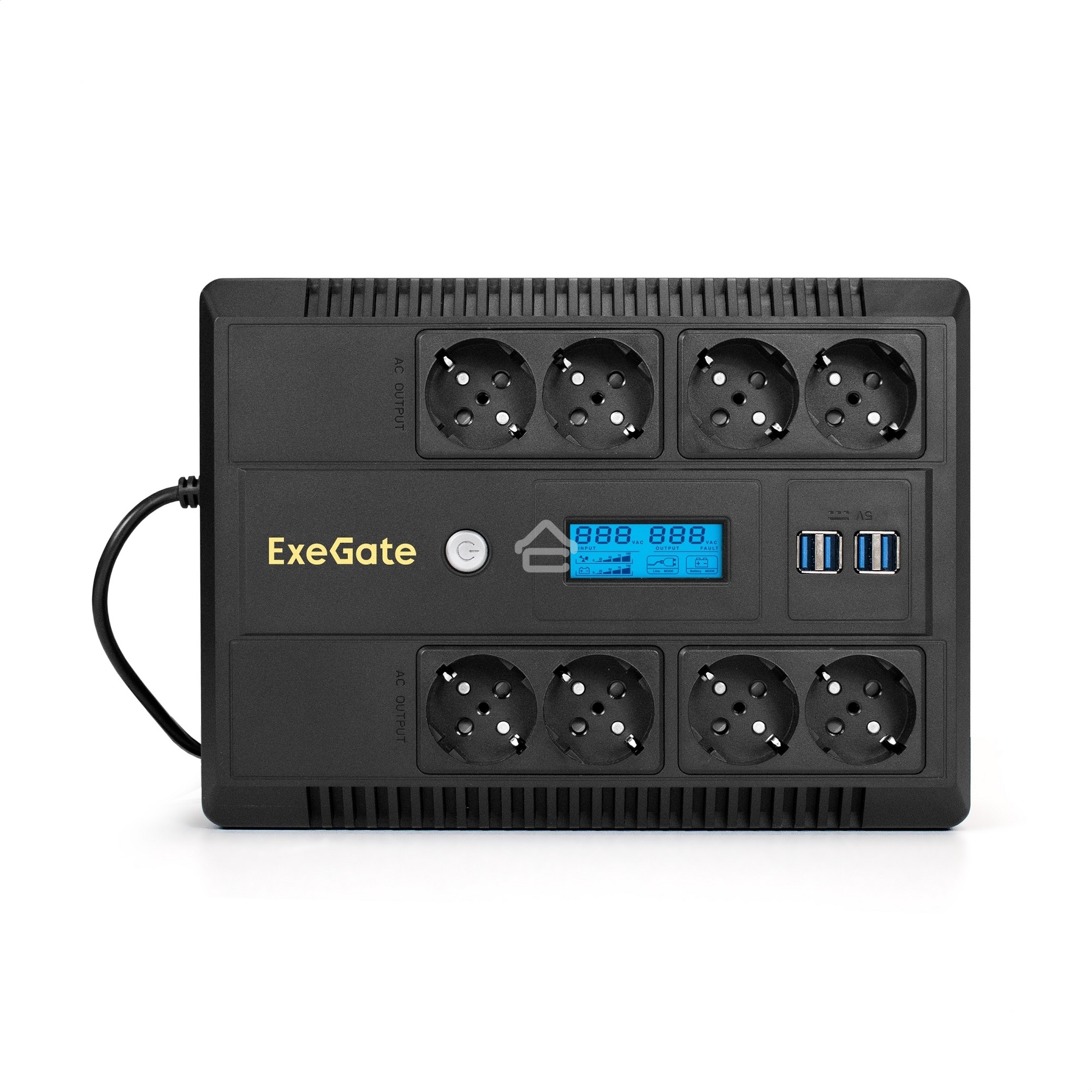 Источник бесперебойного питания ExeGate NEO Smart LHB-650.LCD.AVR.8SH.CH.RJ.USB <650VA/390W, LCD, AVR, 8*Schuko, RJ45/11, USB, 4*USB-порта для зарядки, Black>