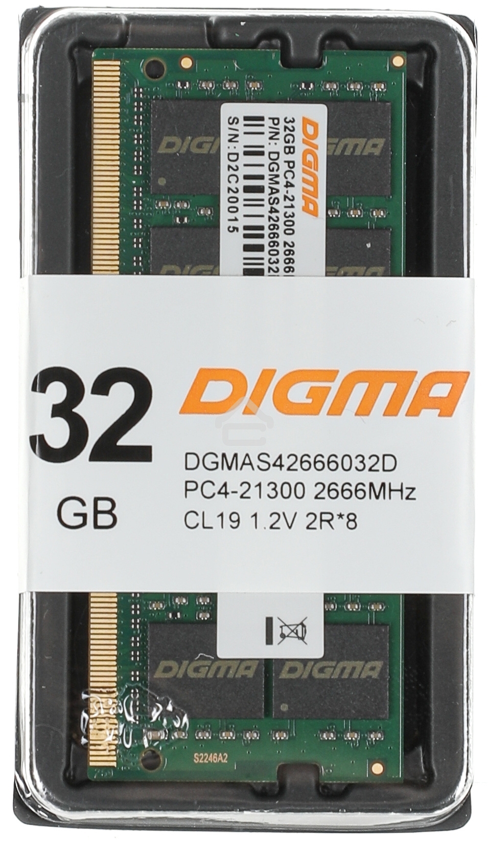 Оперативная память Digma, DDR4, 32GB (1x32GB), 2666MHz, CL19, SO-DIMM
