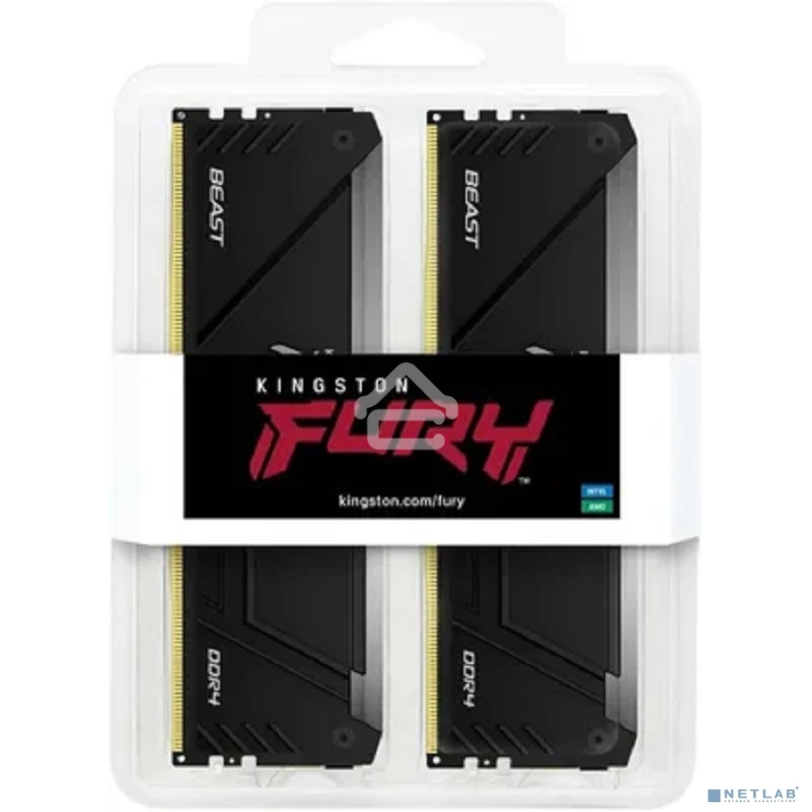 Оперативная память Kingston Fury Beast, DDR4, 32GB (2x16GB), 3200MHz, CL16, DIMM, с радиатором, RGB, черный