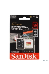 Флеш карта microSDXC 128GB SanDisk EXTREME Class 10, UHS-I, W90, R 190 МБ/с, <SDSQXAA-128G-GN6MA> адаптер на SD