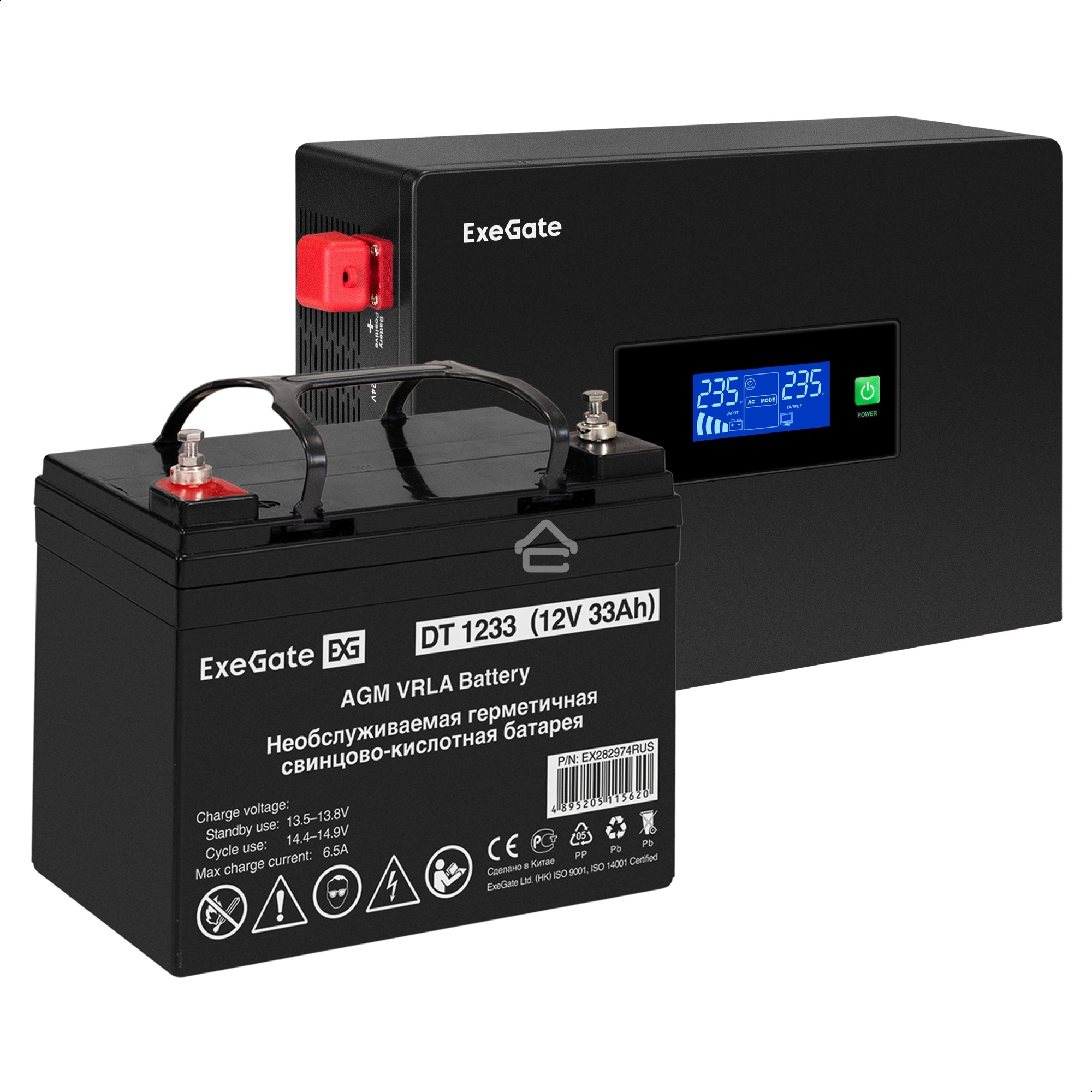 Комплект ИБП EX295993RUS + батарея 33Aч EX282974RUS 1шт (инвертор, синус, для котла, PF=1, настенный) ExeGate IdealSine SR-1000.LCD.2SH <1000VA/1000W, чистая синусоида, цветной LCD-дисплей, 2*Schuko, крепление настенное, Black> + батарея ExeGate DT 1233 (