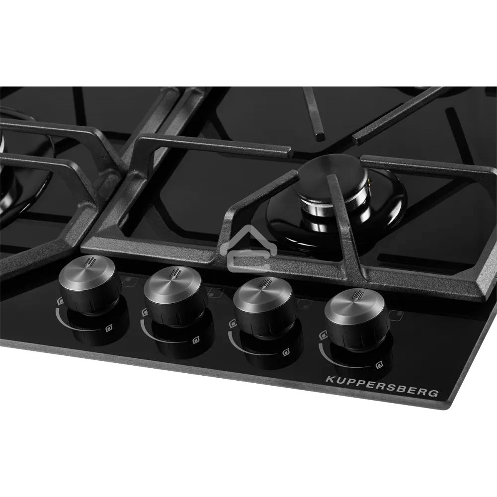 Газовая варочная панель Kuppersberg FG 62 B Газовая варочная панель, закаленное стекло, ширина 60 см, 4 газовые конфорки, WOK конфорка(3,8 кВт), автоподжиг, газ-контроль, чугунные решетки, черный