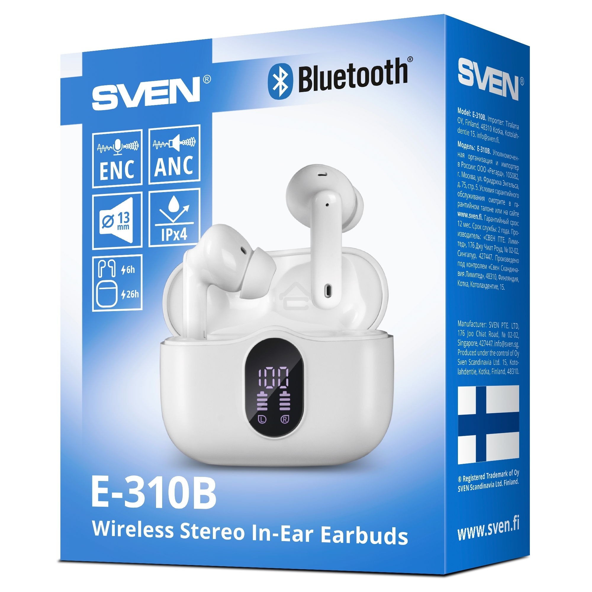 Беспроводные внутриканальные наушники с микрофоном Sven E-310B, белый (Bluetooth, TWS, ANC, ENC, APP)