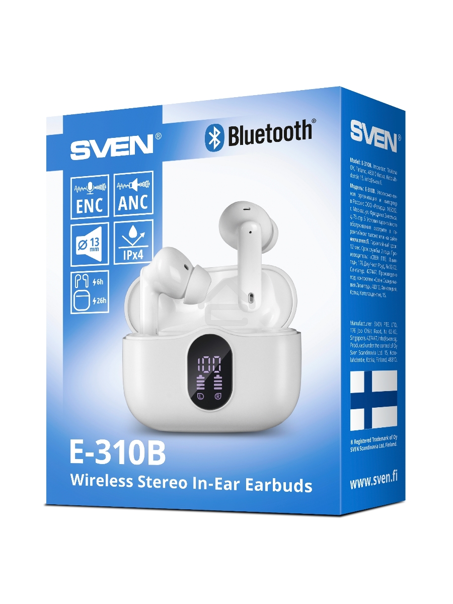 Беспроводные внутриканальные наушники с микрофоном Sven E-310B, белый (Bluetooth, TWS, ANC, ENC, APP)