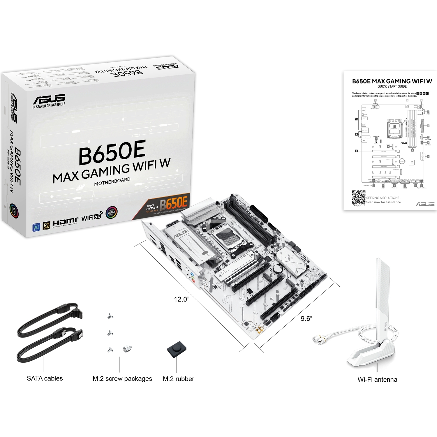 Материнская плата ASUS B650E MAX GAMING WIFI W, AM5, AMD B650, 4xDDR5, 4xSATA, 3xM.2, 1xPCIe 5.0 x16, 1xPCIe 4.0 x4, 2xPCIe 3.0 x1, 1xDP, 1xHDMI, 1x2.5Gb LAN, Wi-Fi 6E, Bluetooth 5.3, 1xUSB-C 10Gbps, 3xUSB-A 10Gbps, 2xUSB-A 5Gbps, 2xUSB-A 2.0, 3x3.5 мм, 7