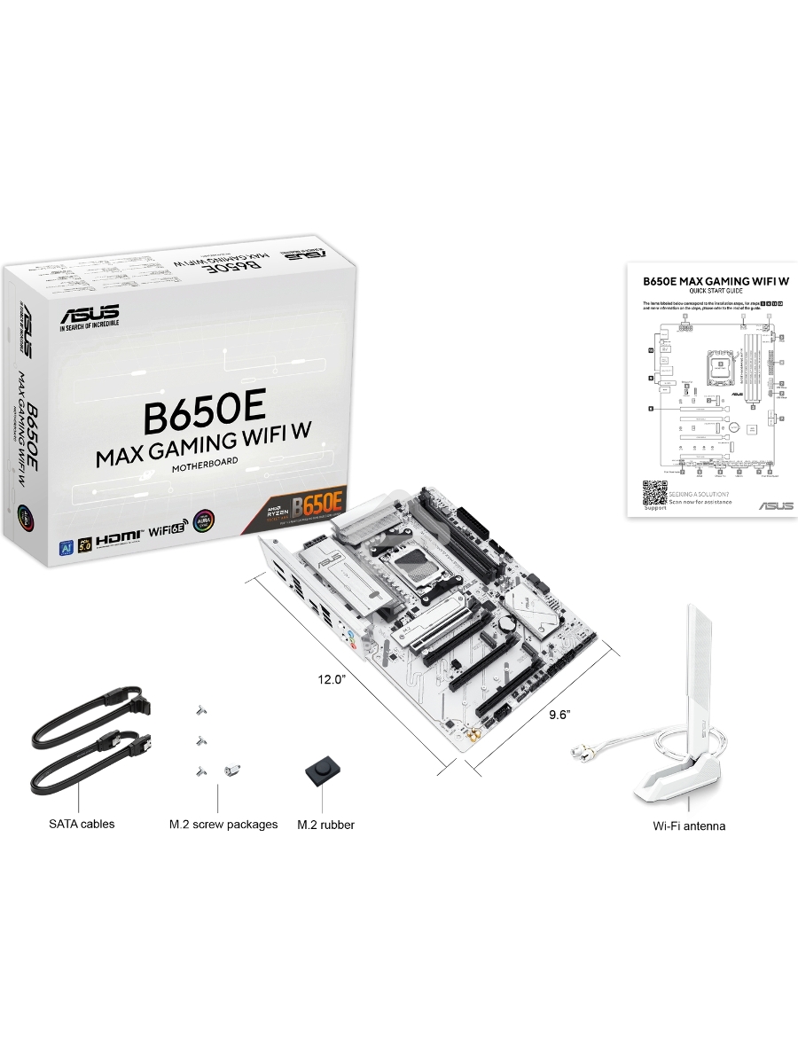 Материнская плата ASUS B650E MAX GAMING WIFI W, AM5, AMD B650, 4xDDR5, 4xSATA, 3xM.2, 1xPCIe 5.0 x16, 1xPCIe 4.0 x4, 2xPCIe 3.0 x1, 1xDP, 1xHDMI, 1x2.5Gb LAN, Wi-Fi 6E, Bluetooth 5.3, 1xUSB-C 10Gbps, 3xUSB-A 10Gbps, 2xUSB-A 5Gbps, 2xUSB-A 2.0, 3x3.5 мм, 7