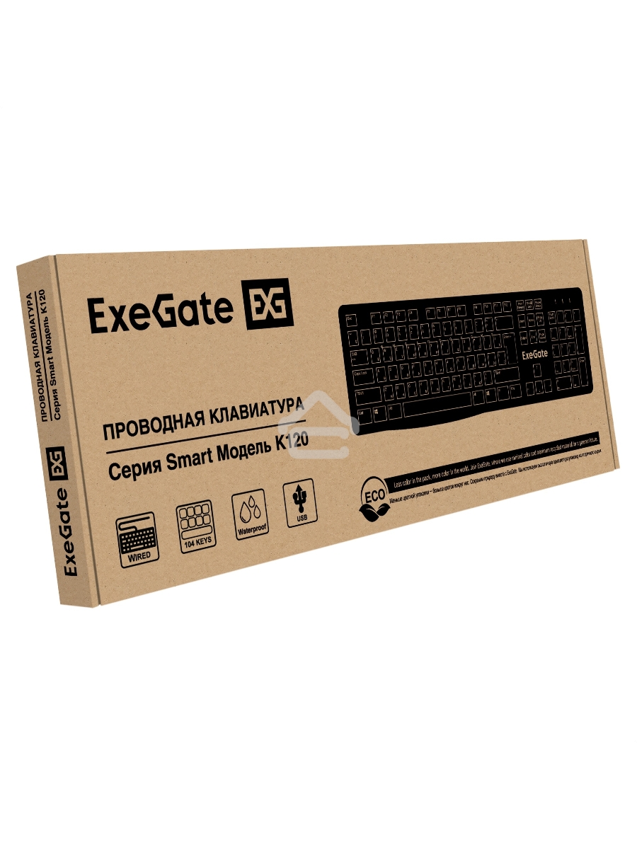 Клавиатура ExeGate EX298364RUS Smart K120 (USB, полноразмерная, влагозащищенная, 104кл., Enter большой, длина кабеля 1,6м, черная, RTL)