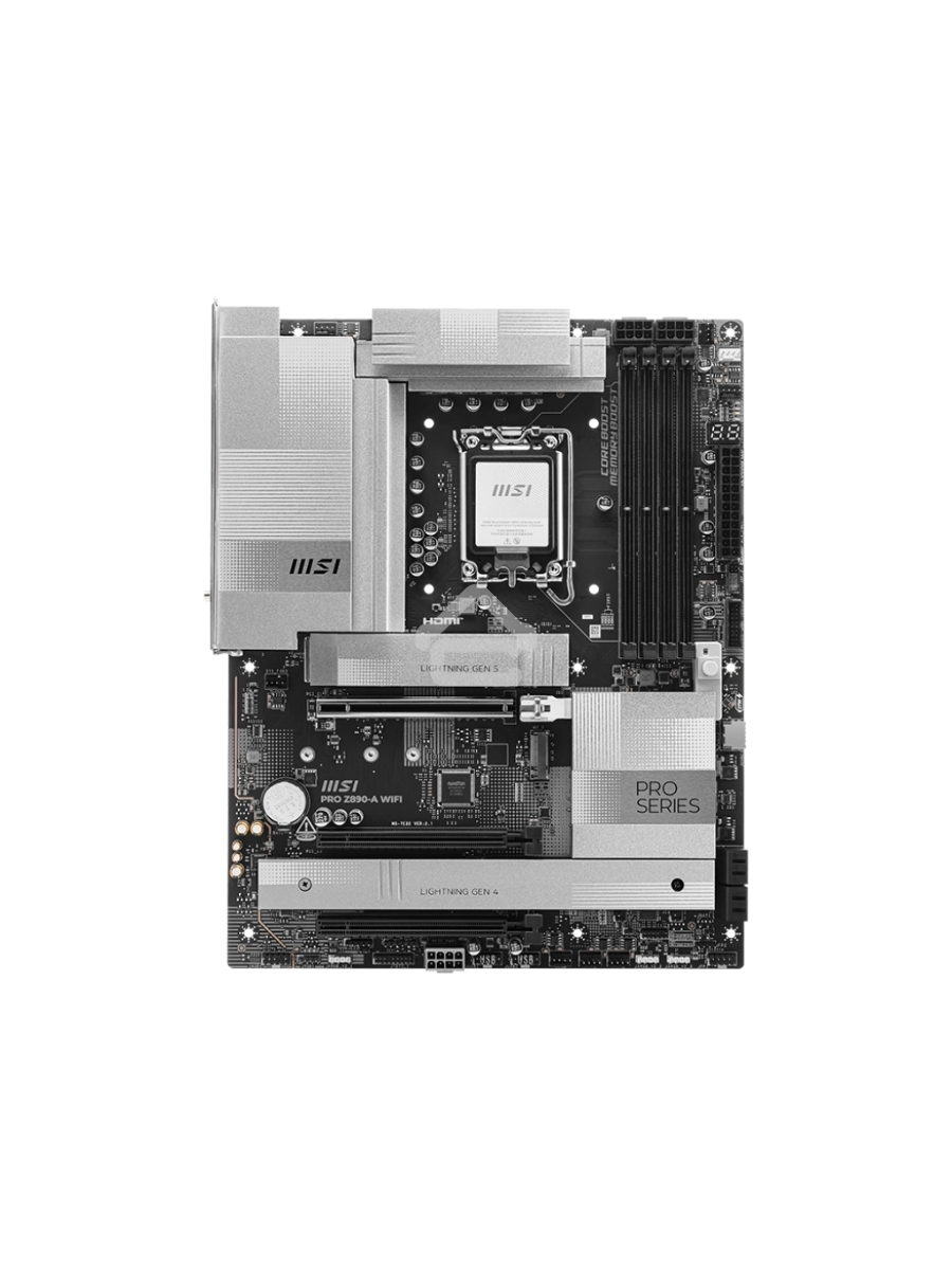 Материнская плата MSI PRO Z890-A WIFI, LGA 1851, Intel Z890, 4xDDR5, 4xSATA, 4xM.2, 1xPCIe 5.0 x16, 2xPCIe 4.0 x4, 1xHDMI, 2xUSB-C Thunderbolt 4, 1xUSB-C 3.2 Gen 2, 3xUSB-A 3.2 Gen 2, 4xUSB-A 3.2 Gen 1, 1x 5Gb LAN, 2x3.5 мм, 7.1, ATX