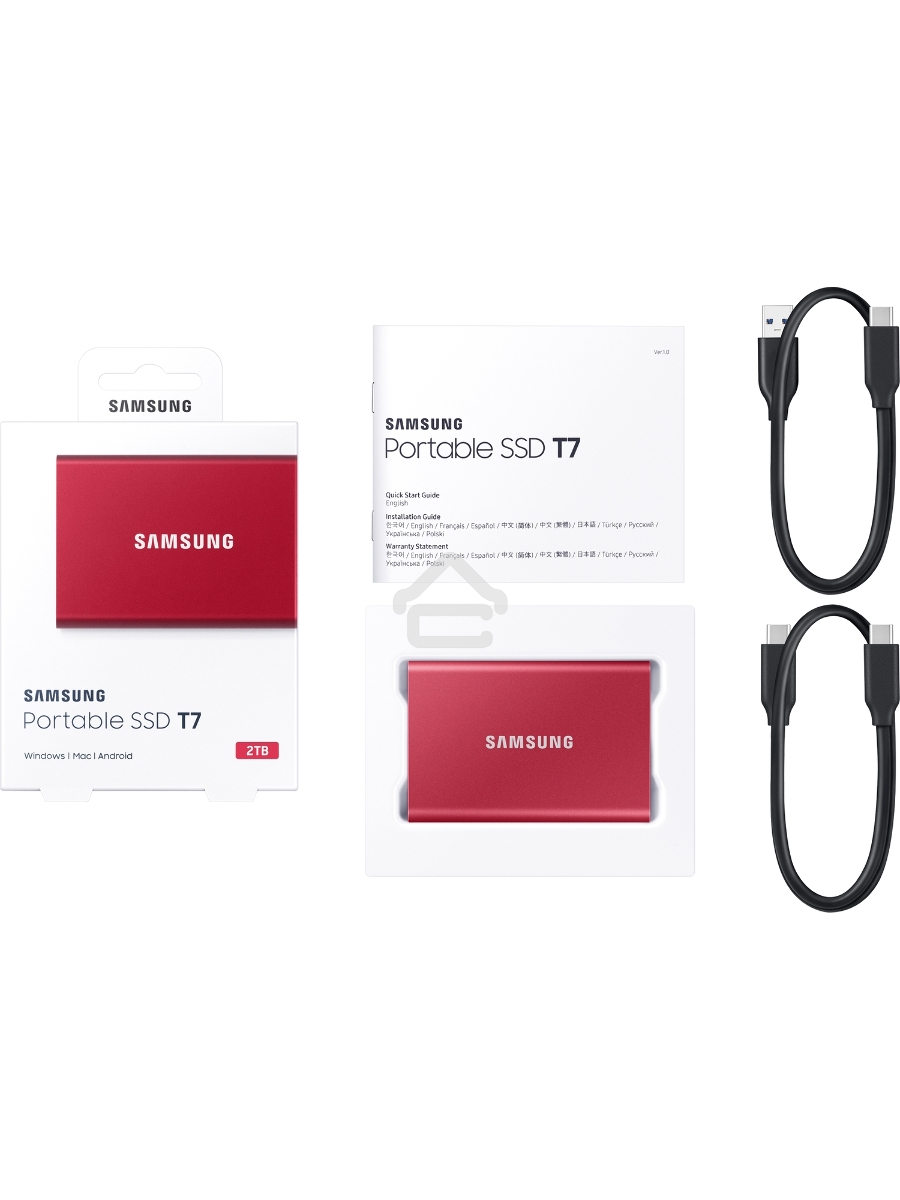 Твердотельный накопитель Samsung SSD 2TB T7, USB Type-C, R/W 1000/1050MB/s, красный
