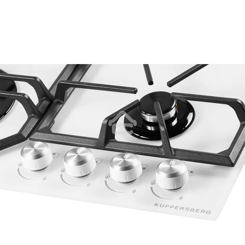 Газовая варочная панель Kuppersberg FG 62 W Газовая варочная панель, закаленное стекло, ширина 60 см, 4 газовые конфорки, WOK конфорка(3,8 кВт), автоподжиг, газ-контроль, чугунные решетки, белый