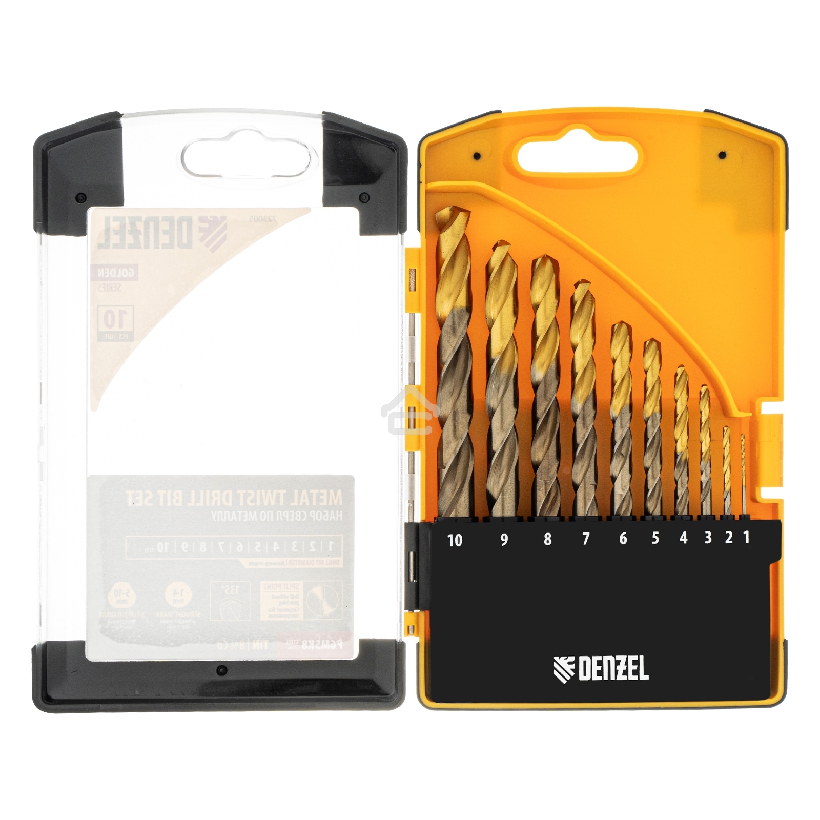 Набор сверл по металлу Denzel 1-10 мм, Р6М5К8-TiN, Golden Tip, 10 шт 723005