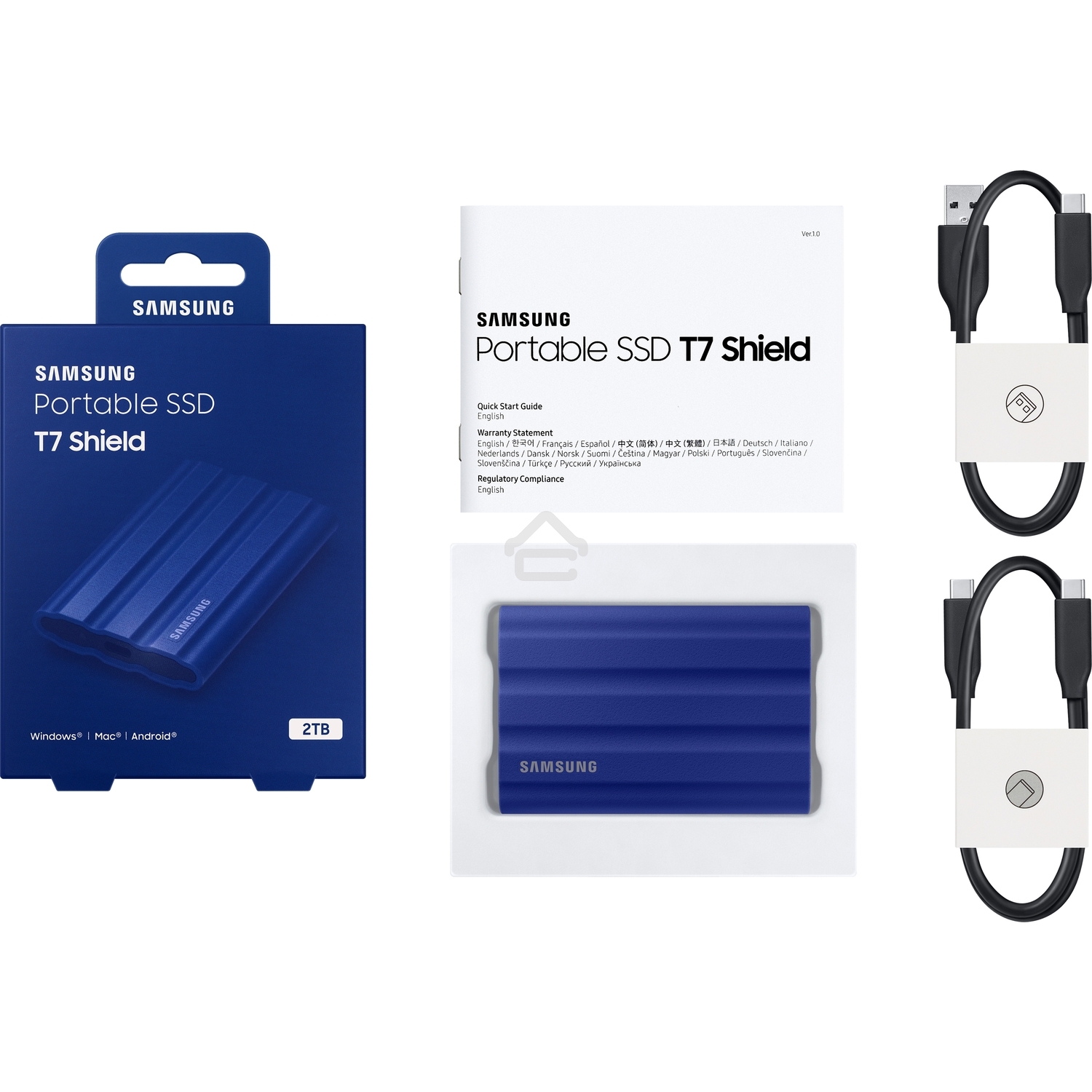 Накопитель Samsung External SSD T7 Shield, 2TB, Type C-to-C/A, USB 3.2 Gen2, R/W 1050/1000MB/s, IP65, 88x59x13mm, 98g, Blue (12 мес.)