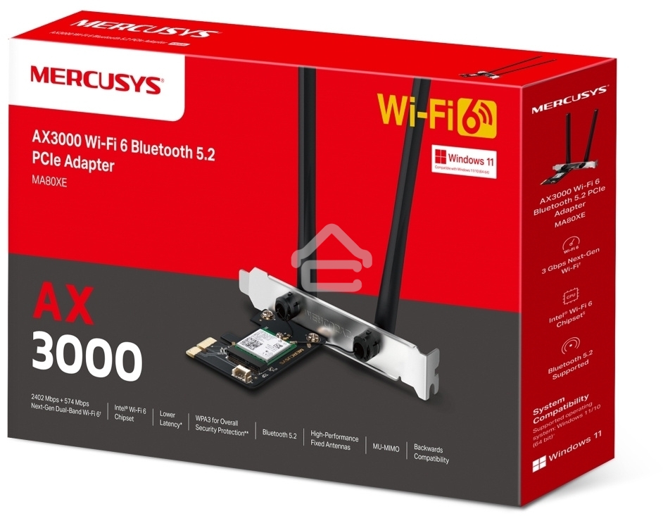 Сетевой адаптер Wi-Fi + Bluetooth Mercusys MA80XE AX3000 PCI Express (ант.внеш.несъем.) 2ант.