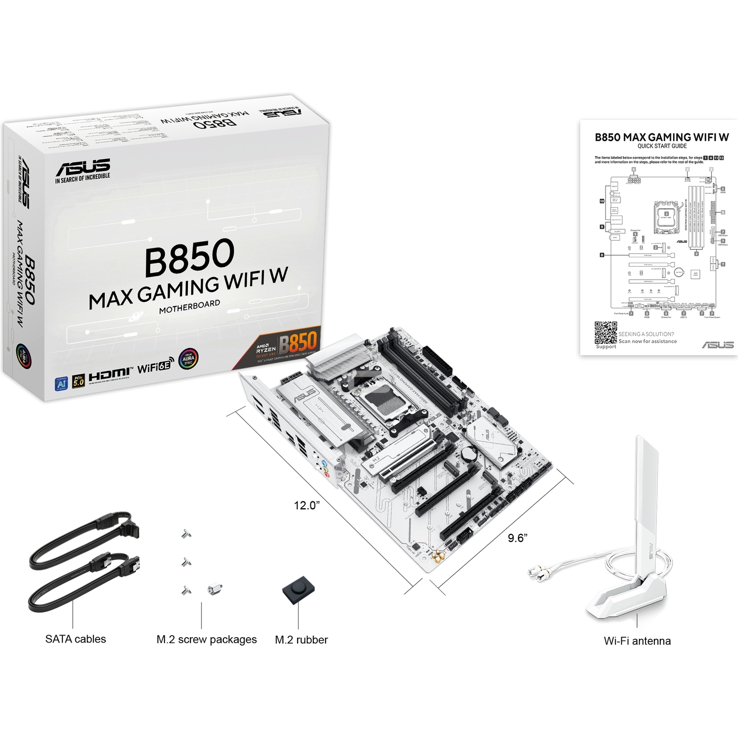 Материнская плата ASUS B850 MAX GAMING WIFI W, AM5, AMD B850, 4xDDR5, 4xSATA, 3xM.2, 1xPCIe 5.0 x16, 1xPCIe 4.0 x4, 2xPCIe 3.0 x1, 1xDisplayPort, 1xHDMI, 1x2.5Gb LAN, Wi-Fi 6E, Bluetooth 5.3, 1xUSB-C 10Gbps, 3xUSB-A 10Gbps, 2xUSB-A 5Gbps, 2xUSB-A 2.0, 3x3