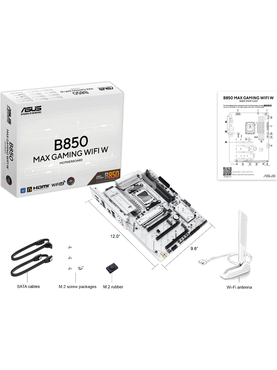 Материнская плата ASUS B850 MAX GAMING WIFI W, AM5, AMD B850, 4xDDR5, 4xSATA, 3xM.2, 1xPCIe 5.0 x16, 1xPCIe 4.0 x4, 2xPCIe 3.0 x1, 1xDisplayPort, 1xHDMI, 1x2.5Gb LAN, Wi-Fi 6E, Bluetooth 5.3, 1xUSB-C 10Gbps, 3xUSB-A 10Gbps, 2xUSB-A 5Gbps, 2xUSB-A 2.0, 3x3
