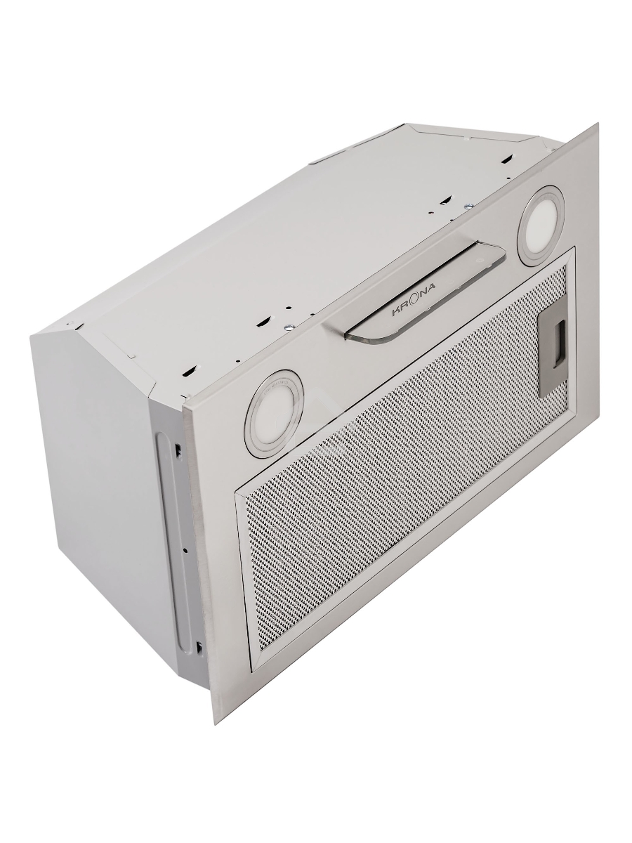 ВытяжкаKrona Ameli 600 inox S полновстраиваемая кухонная вытяжка встраивается в навесной шкафчик отвод / циркуляция Макс. производительность 1000 куб. м/ч ширина для установки 60 см мощность двигателя 230 Вт электронное управление тихий двигатель