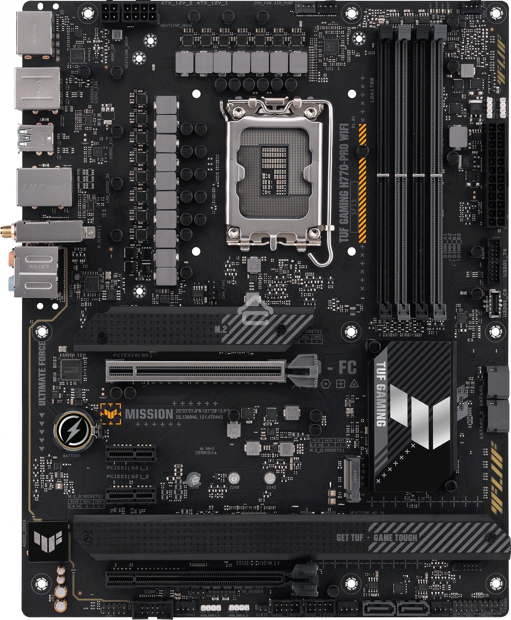 Материнская плата ASUS TUF GAMING H770-PRO WIFI, LGA 1700, Intel H770, 4xDDR5, 4xSATA, 4xM.2, 1xPCIe 5.0 x16, 1xPCIe 4.0 x4, 2xUSB-A 3.2 Gen 2, 4xUSB-A 3.2 Gen 1, 1xUSB-C 3.2 Gen 2x2, 1x2.5Gb LAN, 5x3.5 мм, 7.1, Standard-ATX