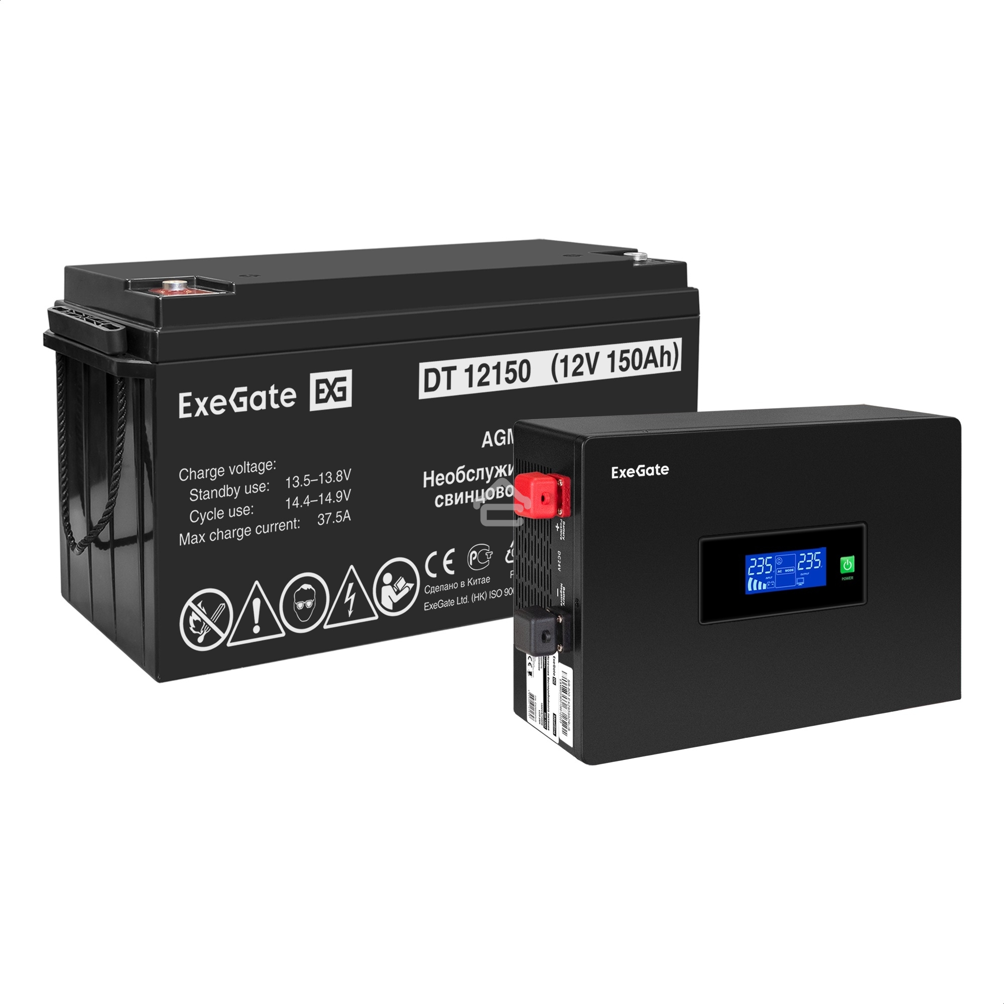Комплект Источник бесперебойного питания EX295993RUS + батарея 150Aч EX282990RUS 1шт (инвертор, синус, для котла, PF=1, настенный) ExeGate IdealSine SR-1000.LCD.2SH  <1000VA/1000W, чистая синусоида, цветной LCD-дисплей, 2*Schuko, крепление настенное, Blac