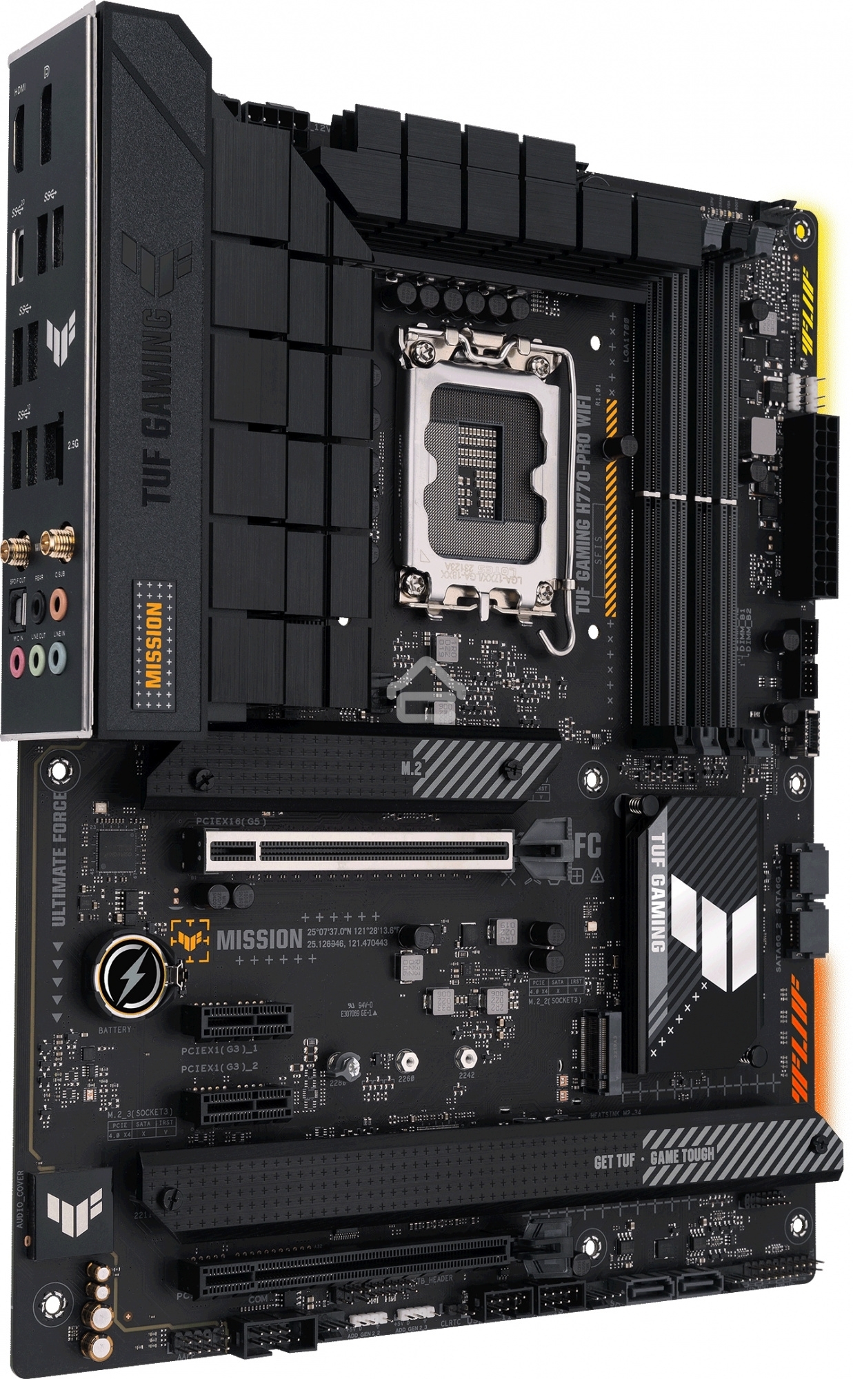 Материнская плата ASUS TUF GAMING H770-PRO WIFI, LGA 1700, Intel H770, 4xDDR5, 4xSATA, 4xM.2, 1xPCIe 5.0 x16, 1xPCIe 4.0 x4, 2xUSB-A 3.2 Gen 2, 4xUSB-A 3.2 Gen 1, 1xUSB-C 3.2 Gen 2x2, 1x2.5Gb LAN, 5x3.5 мм, 7.1, Standard-ATX