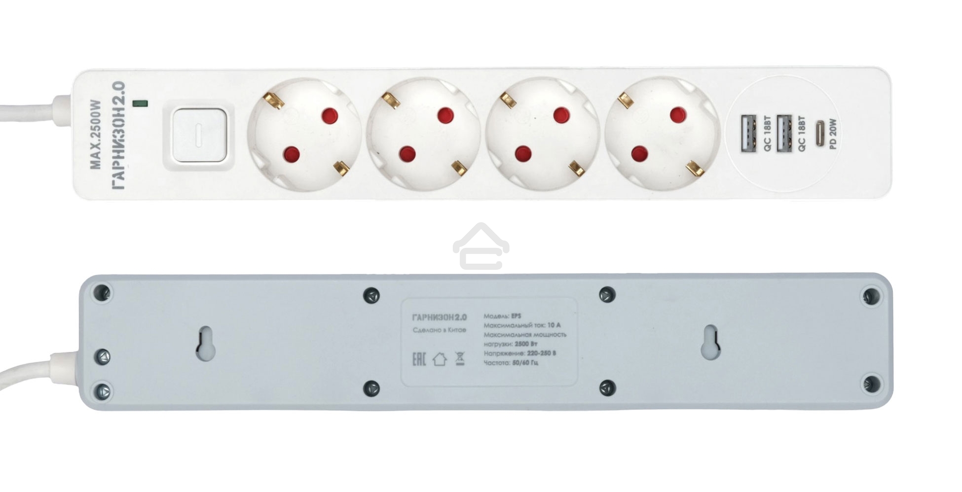 Сетевой фильтр Гарнизон EPS-OP-4-CU2-W-2 2.0 Мультипорт 4 р, 10А, 1xType-C PD, 2 х USB QC, 4 м, ур.защиты 4+, белый, пак (21449)