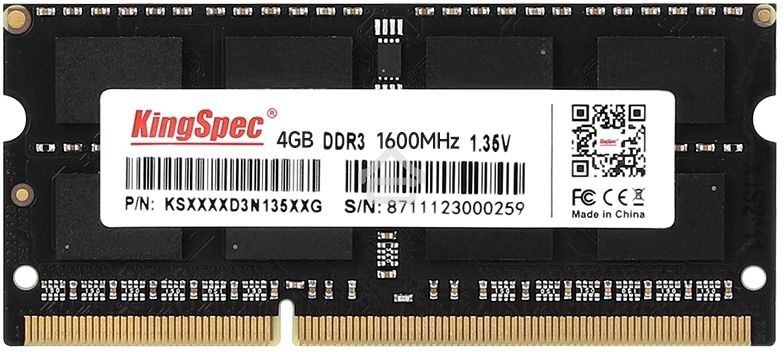 Оперативная память KingSpec, DDR3L, 4GB (1x4 GB), 1600 MHz, CL11, SO-DIMM